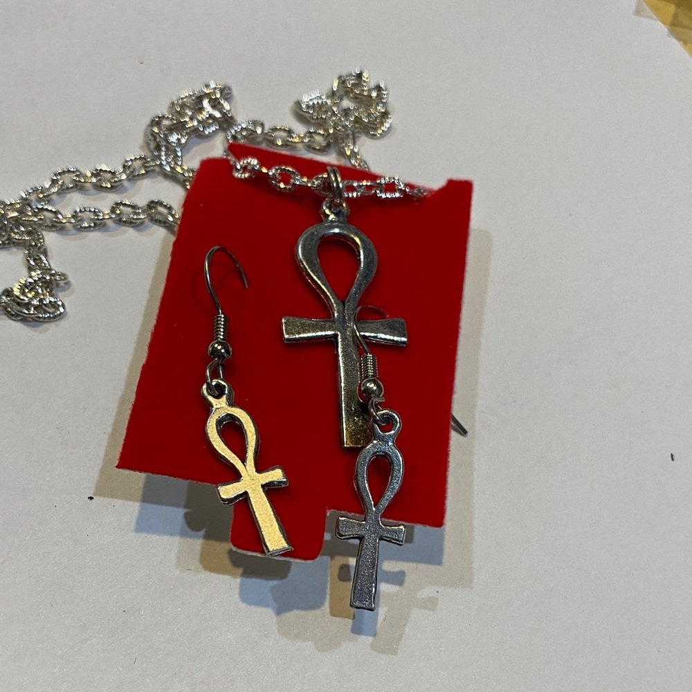 Silver Ankh Necklace and Earring Set